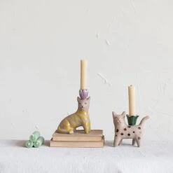 Hand-Painted Stoneware Cat Taper Candle Holder