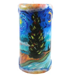 Van Glow Painted Pillar Candle - Road With Cypress Tree And Star