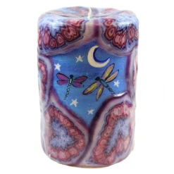 Painted Veneer Pillar Candle - Two Dragonflies And The Moon