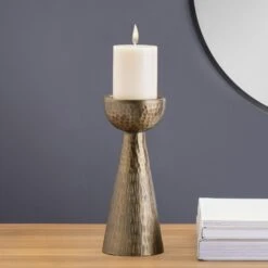 Hammered Antiqued Brass Pillar Candle Holder -Household Items Sale hammerd10