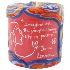 Painted Veneer Pillar Candle - "Imagine All The People Living Life In Peace." - Lennon 4X4