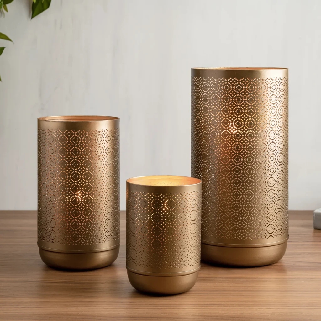 Gold Metal Cut Out Hurricane Candle Lantern 3 Gold Metal Cut Out Hurricane Candle Lantern