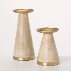 Wood & Gold Pillar Candle Holder