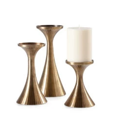 Antiqued Brass Ribbed Pillar Candle Holder