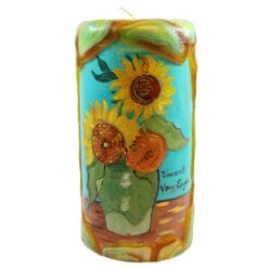 Van Glow Painted Pillar Candle - Sunflowers With Teal Background